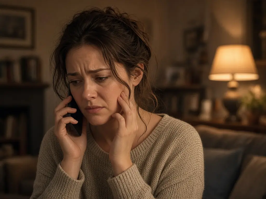 A woman at home in the evening on her phone, holding her cheek as if she has toothache