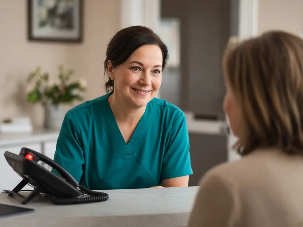 A dental receptionist helping a patient at the front desk while the desk phone rings